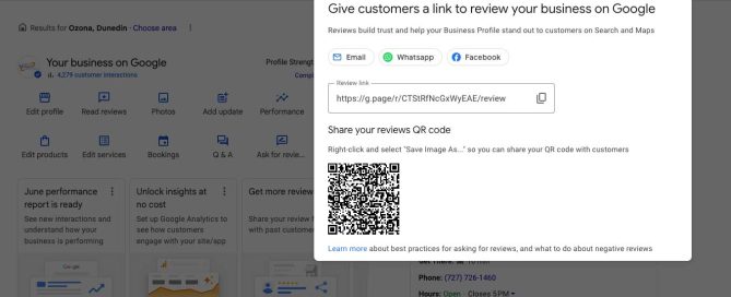 Google Business review interface displaying options to share review links via email, WhatsApp, and Facebook, with a QR code for customer reviews.